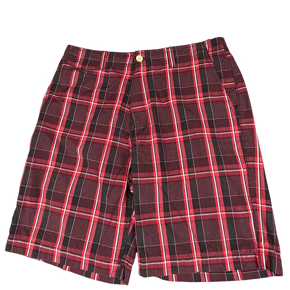 Champs Sports Shorts Mens 34x10 Red Black Plaid Button Pockets Cotton Baggy Y2K